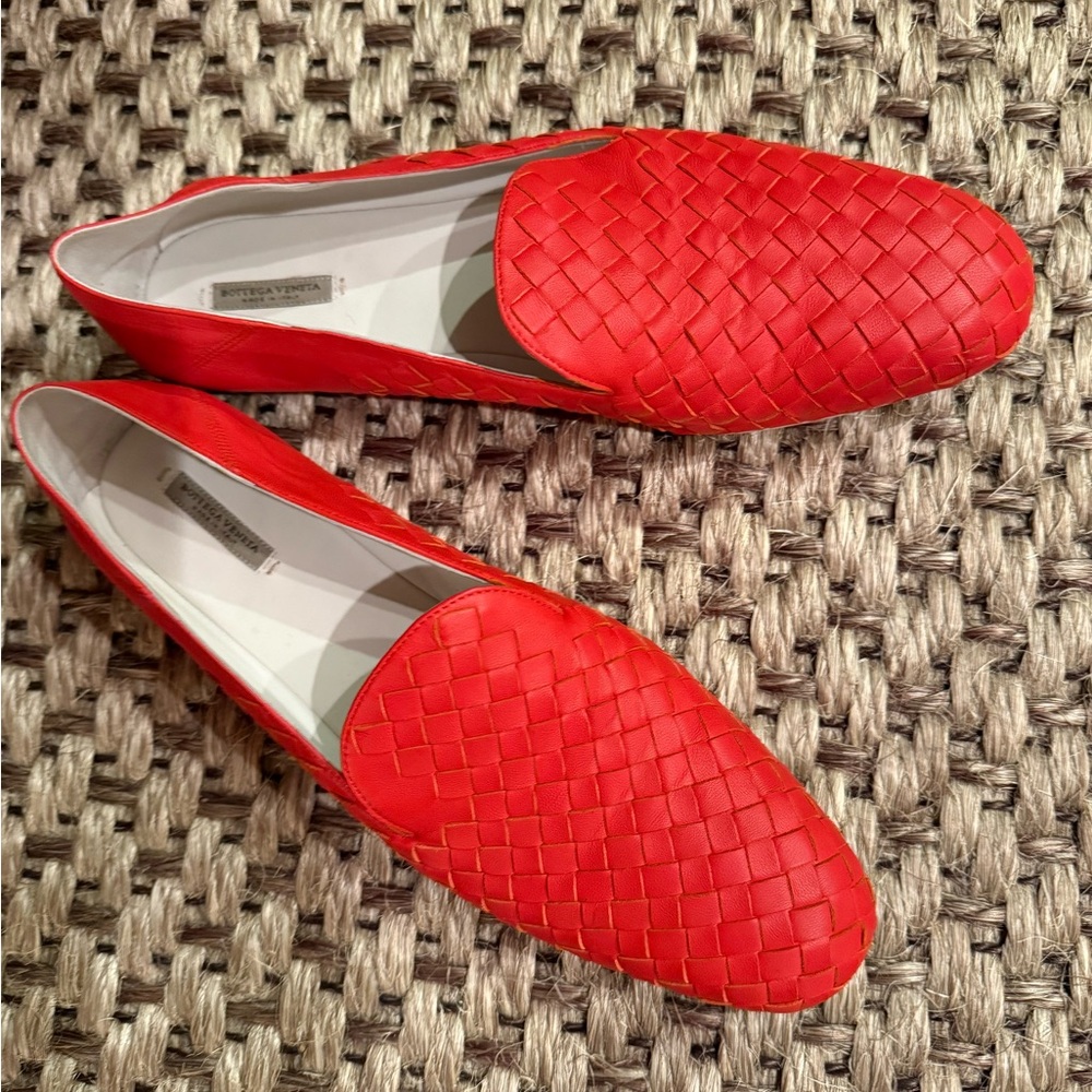 Bottega Veneta Red Intrecciato Leather Loafers